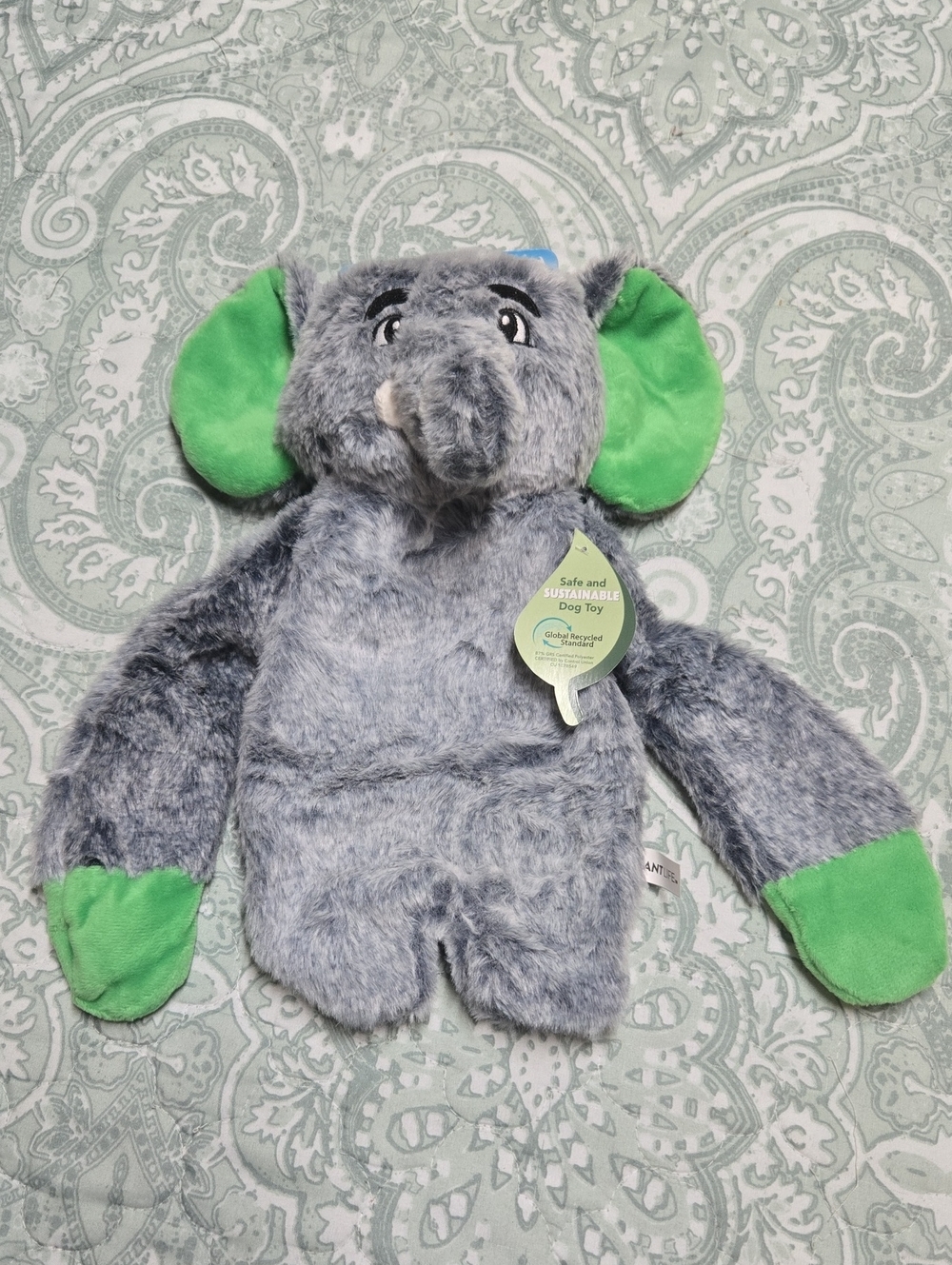 Plush Gray & Green Elephant Dog Toy - Soft Squeaky Plush